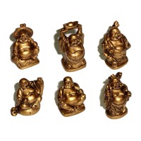 Laughing Buddha Statues Set of 6 - BRONZE
